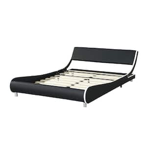Black Plus White Wood Frame Queen Size Faux Leather Upholstered Curve Design Platform Bed
