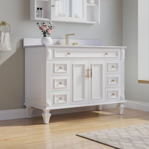 48 in Single Sink Freestanding Undermount Solid Wood Bathroom Vanity with White Quartz Top, Soft-Close, Full Assembled