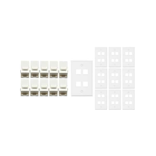10-Pack 1-Gang White Keystone Plastic Wall Plate 4-Port and 10 Cat 6A RJ45 Keystone Inline Couplers White