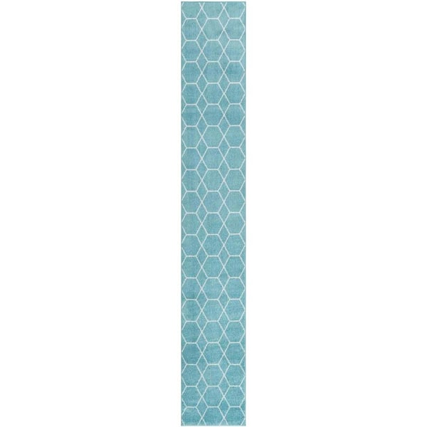StyleWell Trellis Frieze Light Blue/Ivory Blue 2 ft. x 13 ft. Geometric Runner Rug