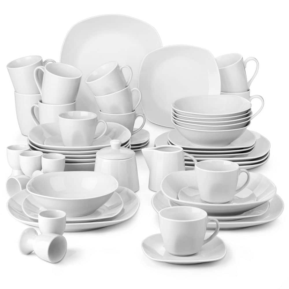 MALACASA, Series ELISA, 48-Piece Porcelain Dinnerware Set, White Dishes  With Black Line, Service for 12 