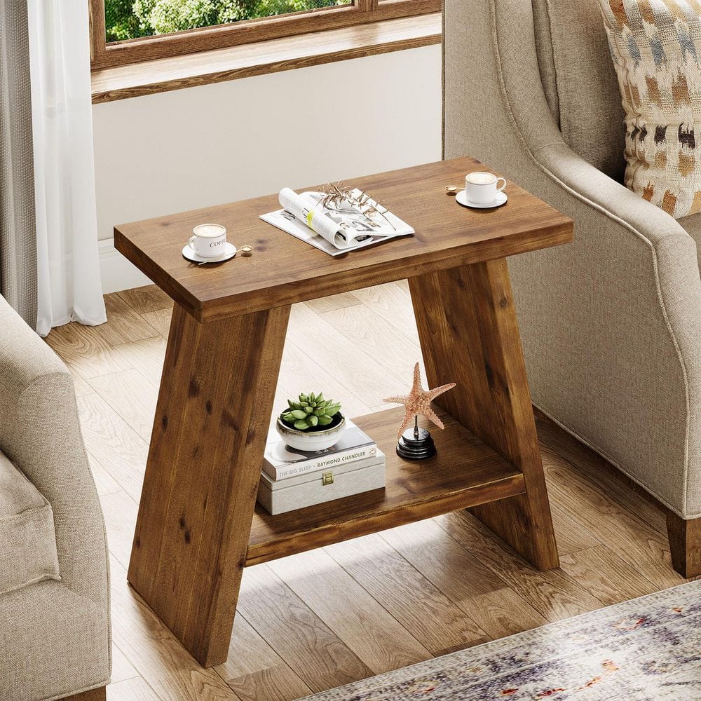 Kerlin 24 in. Brown Rectangle Solid Wood End Table with 2-Tier Storage, Narrow Side Table Nightstand for Small Places - thumbnail 3