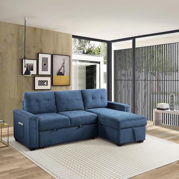 Lazzara Beck 90 in. Straight Arm 2-piece Textured Fabric Reversible Sectional Sofa in. Blue with Hidden Storage and Pull-out Bed