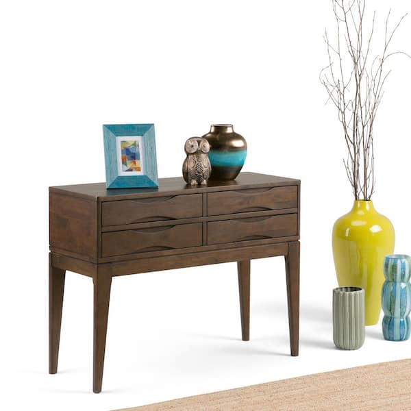 Simpli Home Harper Solid Hardwood 40 in. Wide Mid-Century Modern Hallway Console Sofa Table in Walnut Brown