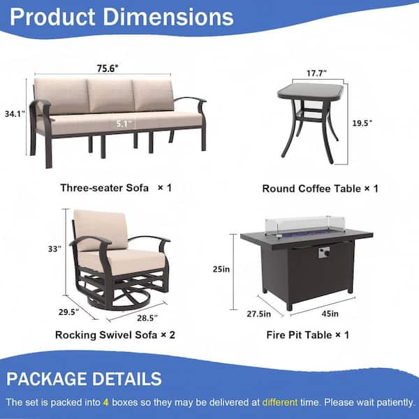 5-Seat Aluminum Patio Conversation Set with armrest, Firepit Table, Swivel Rocking Chairs and Sand Cushions