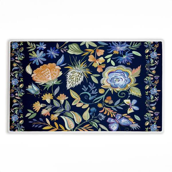 Painted Blue Floral on Black 18 in. x 30 in. Blue Floral Polyester Blend Rectangle Bath Mat