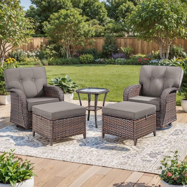 Brynn Rattan Brown 5-Piece Outdoor Patio Conversation Set with Gray Cushions, 2 Swivel Sofas, 2 Ottomans, 1 Side Table