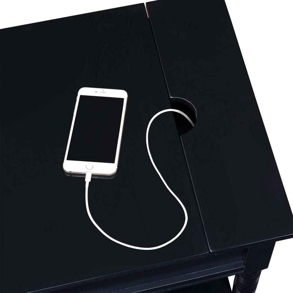 Black Wood End Table with Charging Station and Storage