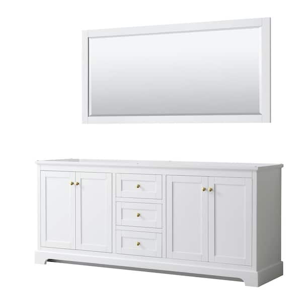 Wyndham Collection Avery 79 in. W x 21.75 in. D x 34.25 in. H Bath Vanity Cabinet without Top in White with Gold Trim and 70 in. Mirror