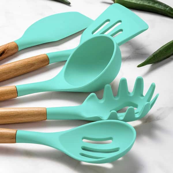 Aoibox 33-Piece Silicon Cooking Utensils Set with Wooden Handles and Holder for Non-Stick Cookware, Green