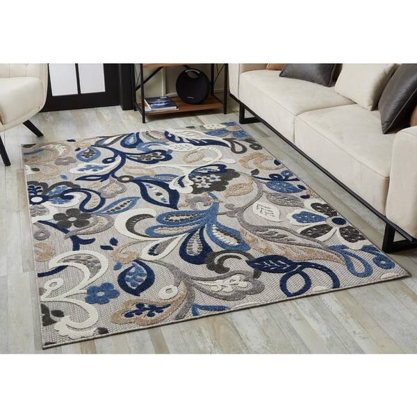 2' X 10' Grey/Blue Floral Indoor Outdoor Area Rug