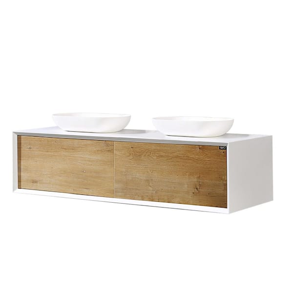 63 in. W x 22 in. D x 16 in. H Wall-Mounted Bath Vanity in White Oak with Matt White Solid Surface Top