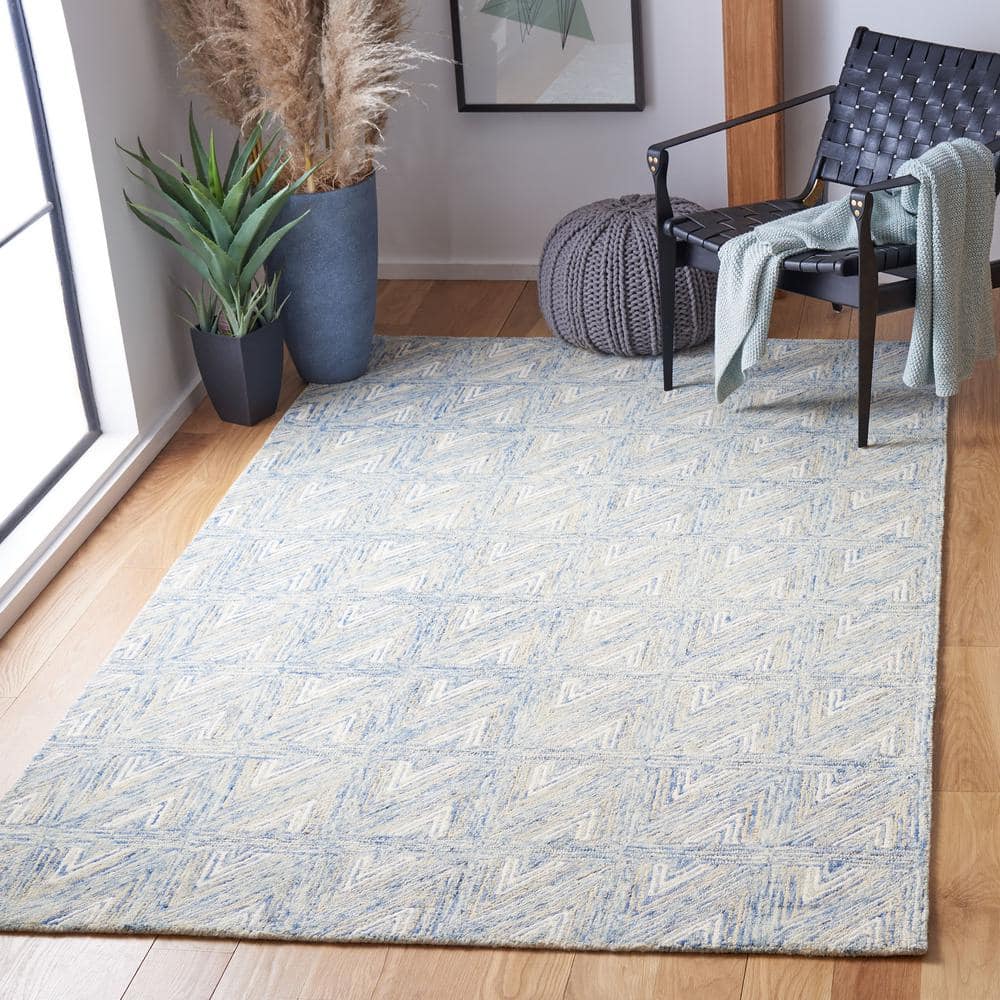 Handmade Blue and Beige Abstract Wool Area Rug, 4' x 6'