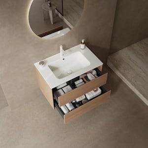 30 in. W Single Sink Floating Bath Vanity in Natural with White Ceramic Top and 2 Drawers, Sink Hole Cover and Drain