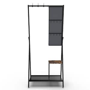 32 in. W x 75 in. H x 14.8 in. D Aluminum Rectangular Shelf in Black with Coat Rack Hall Tree and Mirror