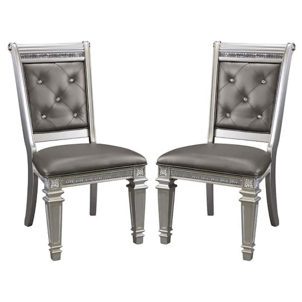 Benjara Gray And Silver Vegan Faux leather Acrylic Crystals Dining Chair (Set of 2)