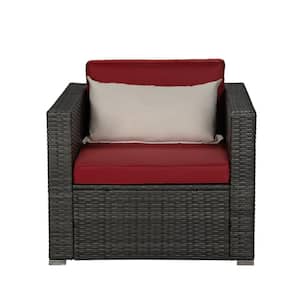 1-Piece Outdoor Garden Patio Gray Rattan Wicker Outdoor Sectional with Cushion Guard Red Cushions with Beige Pillow