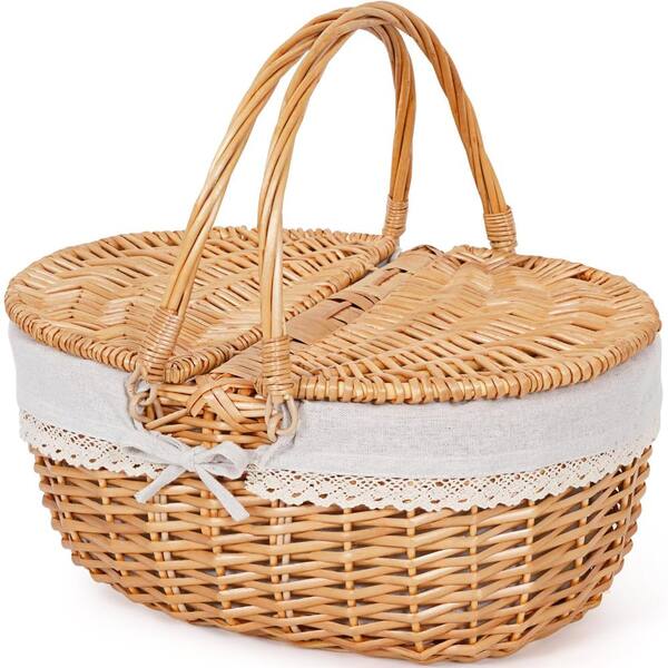 15 in Large Hand-Woven Wicker Picnic Basket with Lid, Handle and Removable Liner, Vintage Style Handle