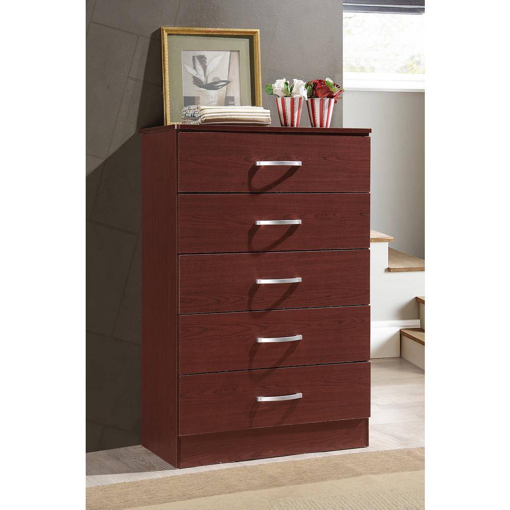 Mahogany 5-Drawer Vertical Chest with Metal Handles