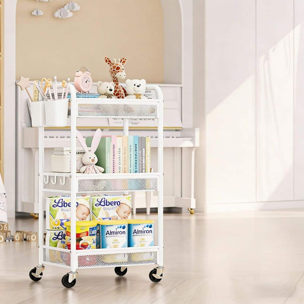 3-Tier White Metal Utility Storage Carts with Wheels, Hanging Cups, Hooks, Mesh Basket for Bathroom Kitchen Office Art