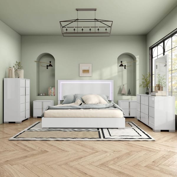 Furniture of America Mesala 6-Piece White Wood Frame Queen Panel Bedroom Set with LED Light on Headboard, Chrome Accents and Legs