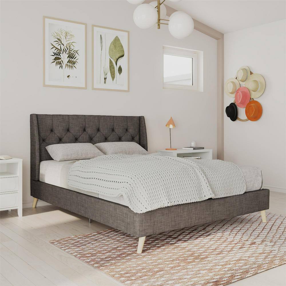 Gray Linen Tufted Upholstered Queen Bed with Wood Frame