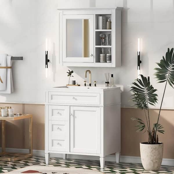 30 in. Single Sink Freestanding 2 Drawers and a Tip-Out Drawer White Bath Vanity with White Ceramic Top Mirror Cabinet