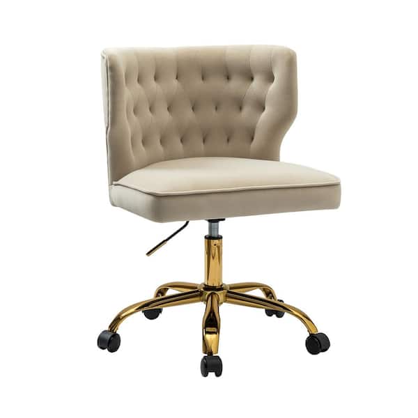 JAYDEN CREATION Rudolf Tan Tufted Upholstered Height-adjustable Swivel Ofiice Sliding Chair with Gold Metal Legs