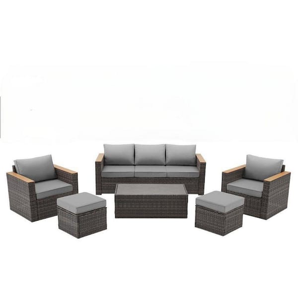 DENISLAWN Gray Rattan Patio Furniture Set, 6 Pieces with Ottoman, Durable Wicker Outdoor Patio Sectional Sofa with Gray Cushion