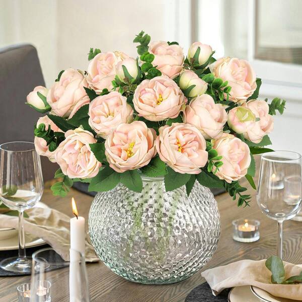 LIVING LUXURY 13 in. Ivory Pink Artificial Cabbage Rose Flower