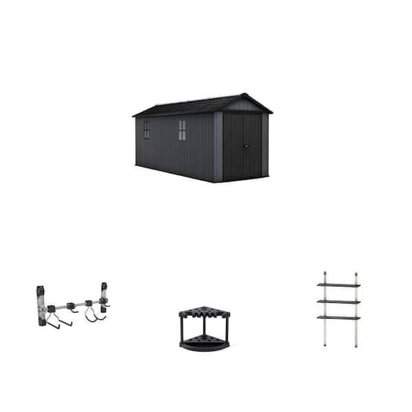 Newton Plus 7.5 ft. x 17 ft. Resin Shed, Hook Hanger, 22 in. Tool Rack and 12 in. Adjustable Shelve Kit Combo