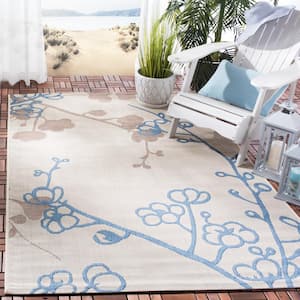 Courtyard Natural Brown/Blue 2 ft. x 4 ft. Floral Indoor/Outdoor Patio  Area Rug