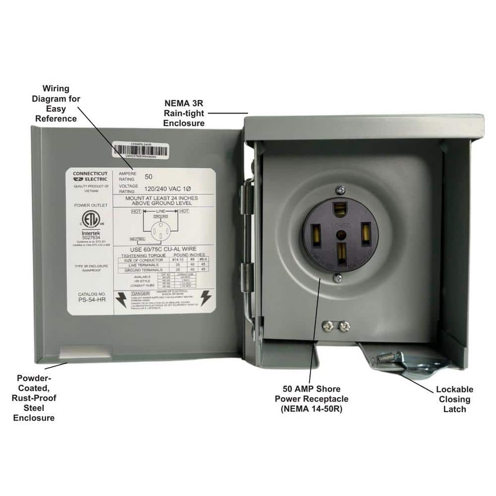 Deluxe Outdoor 50 Amp Steel Power Outlet Panel with Rainproof Enclosure