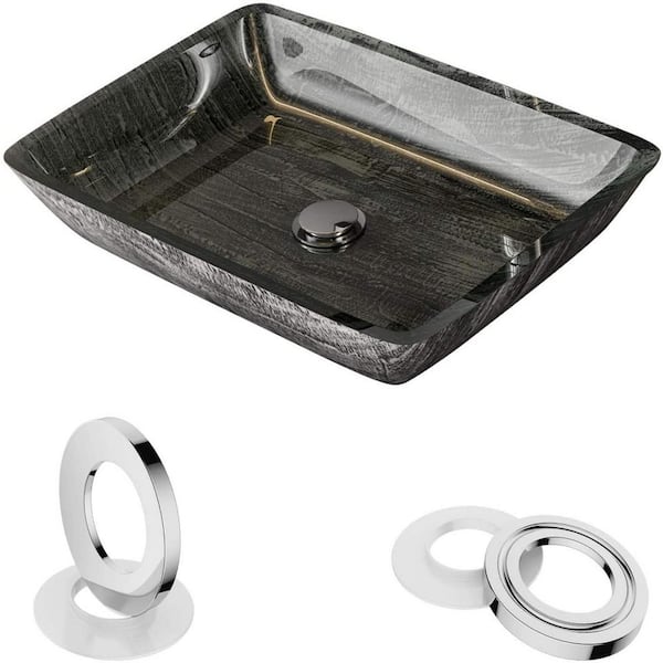 Tahanbath Dark Gray Glass Rectangular Bathroom Vessel Sink with Mounting Ring