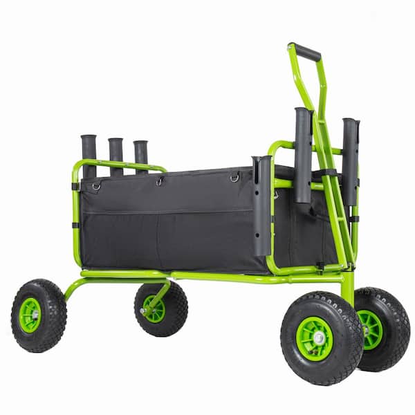 3.61 cu. ft. Steel Utility Wagon Garden Cart for Fishing with 5 storage rod tubes in Green (9.85" Dia. Wheels)