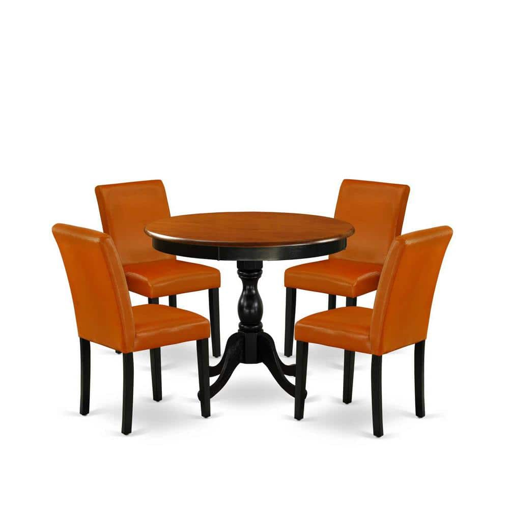 Cherry Round Dining Table with 4 Baked Bean PU Leather Chairs