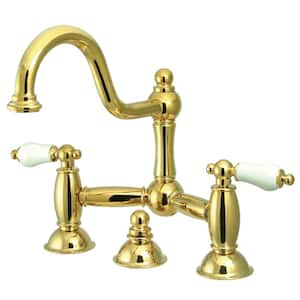 Restoration Bridge 8-in. Widespread 2-Handle Bathroom Faucet in Polished Brass