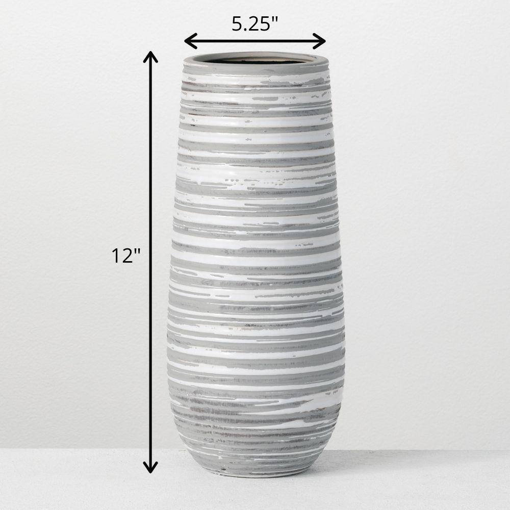 Gray and White Striped Ceramic Decorative Vase 12"