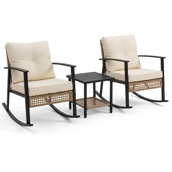 3-Piece Metal Rocking Bistro Outdoor Patio Conversation Set with Cushions and 2-Tier Coffee Table in Beige Cushion
