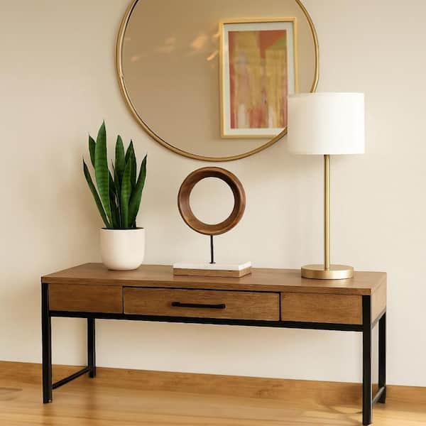 THE URBAN PORT Modern Brown 4 in. x 14 in. Circular Mango Wood Ring Design Tabletop Sculpture with Black Stem and White Marble Base