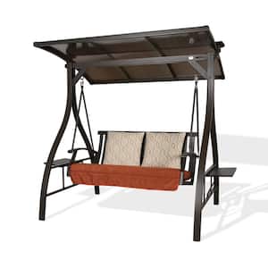 2-Person Metal Porch Swing with Sunbrella Cushions, Solar Light and Convertible Board Canopy