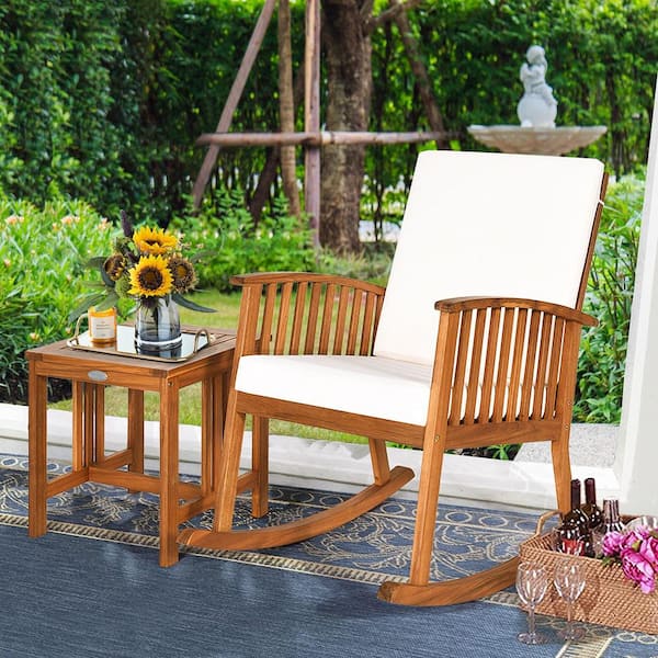Teak Acacia Wood Outdoor Rocking Chair with White Cushion and Coffee Table (2-Pack)