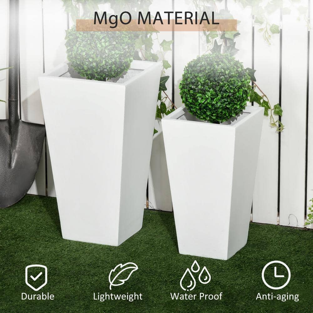 White MgO Tall Outdoor Planters with Drainage Holes, Set of 2