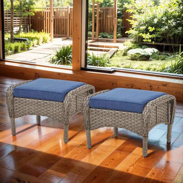 Opohoro PlainCurve Metal and Gray Wicker Outdoor Ottoman with Olefin Blue Family Cushion (2-Pack)