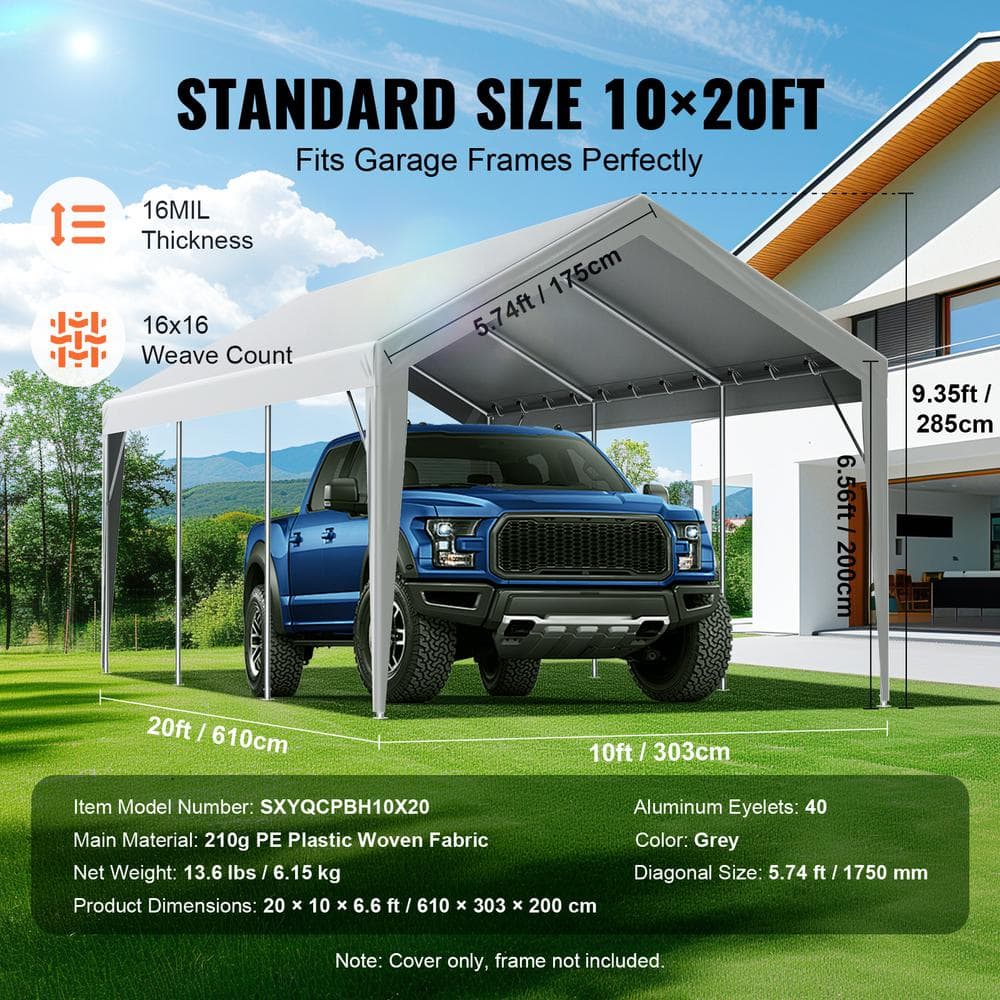 Gray 10' x 20' Waterproof Carport Canopy Cover with Aluminum Frame