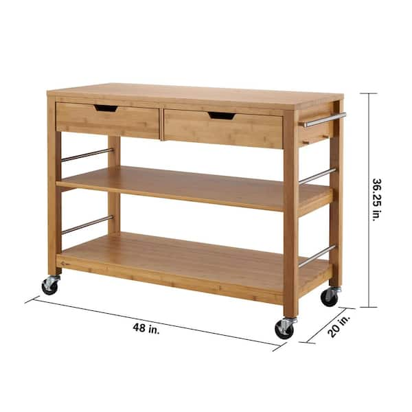 Kitchen Island on Lockable Wheels with 2 Storage Drawers & Bamboo Countertop, Kitchen Trolley Cart with Adjustable Shelves and Towel Bar, L42.5Xw18xh3