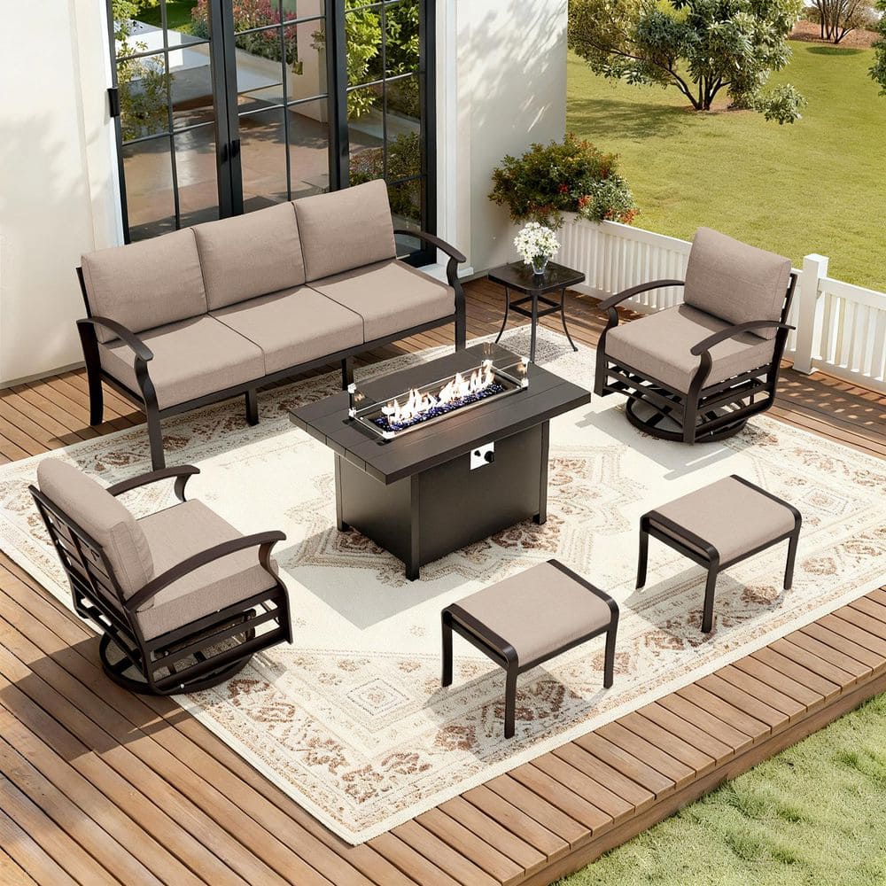 7-Piece Aluminum Patio Conversation Set with 2 Swivel Rocking Chairs, 2 Ottomans, a Fire Pit Table and Khaki Cushions