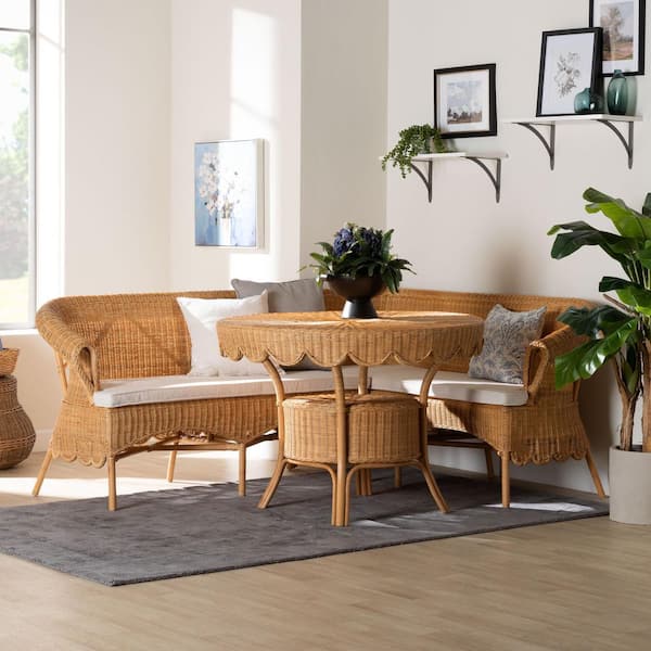 Keitha Light Honey Rattan 3-Piece Dining Nook Set