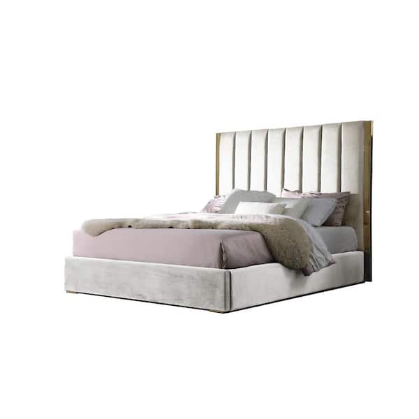 Jalen Beige Velvet King Platform Bed with Gold Accents