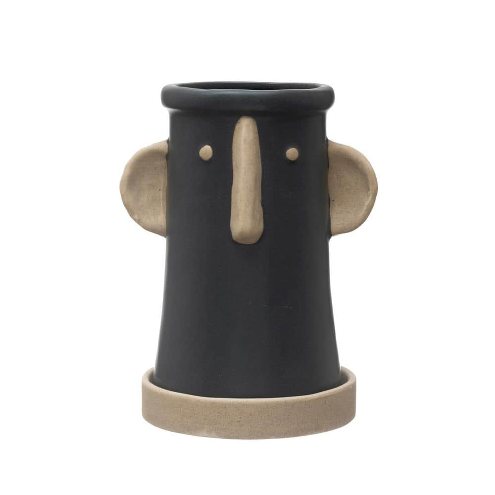 UPC 191009514398 product image for Stoneware Face Planter with Saucer, Set of 2, Matte Black and Cream | upcitemdb.com